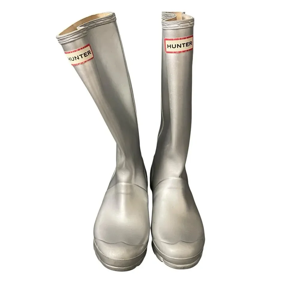 FLAW Hunter Kids Original Metal Silver Boots Rain Winter Girls US 5 Boys US 4